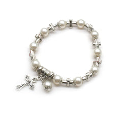 White Glass Pearl Cross Elastic Rosary Bracelets - PWM