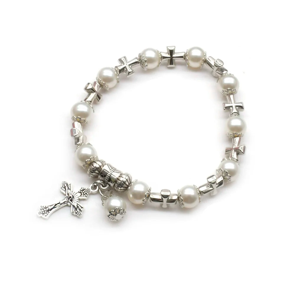 White Glass Pearl Cross Elastic Rosary Bracelets - PWM