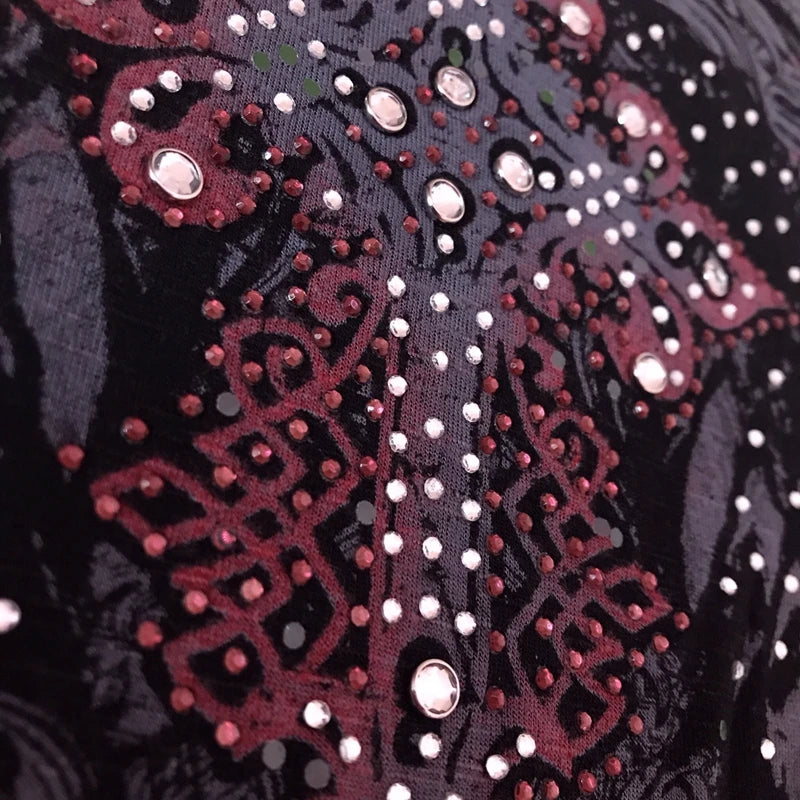 Rhinestone Gothic Print Short Sleeve Tops - PWM