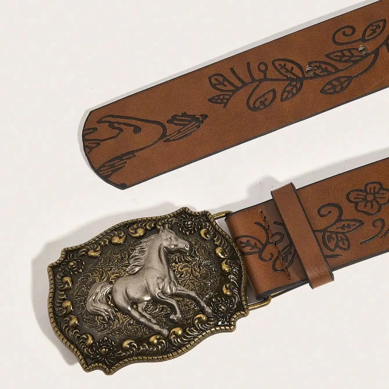 Neutral horse head buckle peony pattern belt