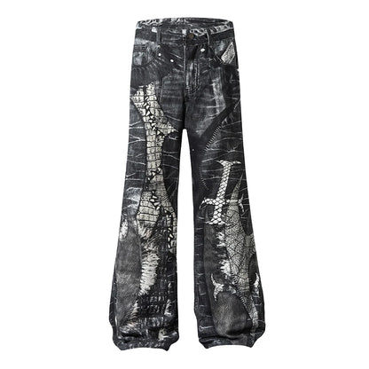 Gothic Pattern Washed Straight Loose Denim