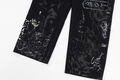 Graffiti Print Straight Loose Denim