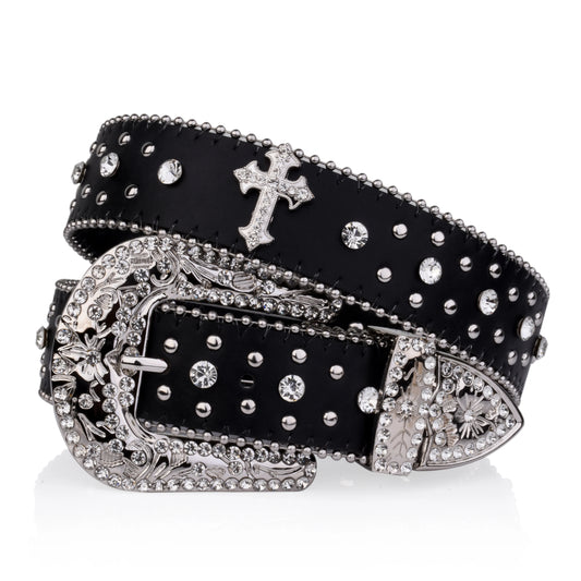 Cross Rhinestone Belt Engraved Buckle