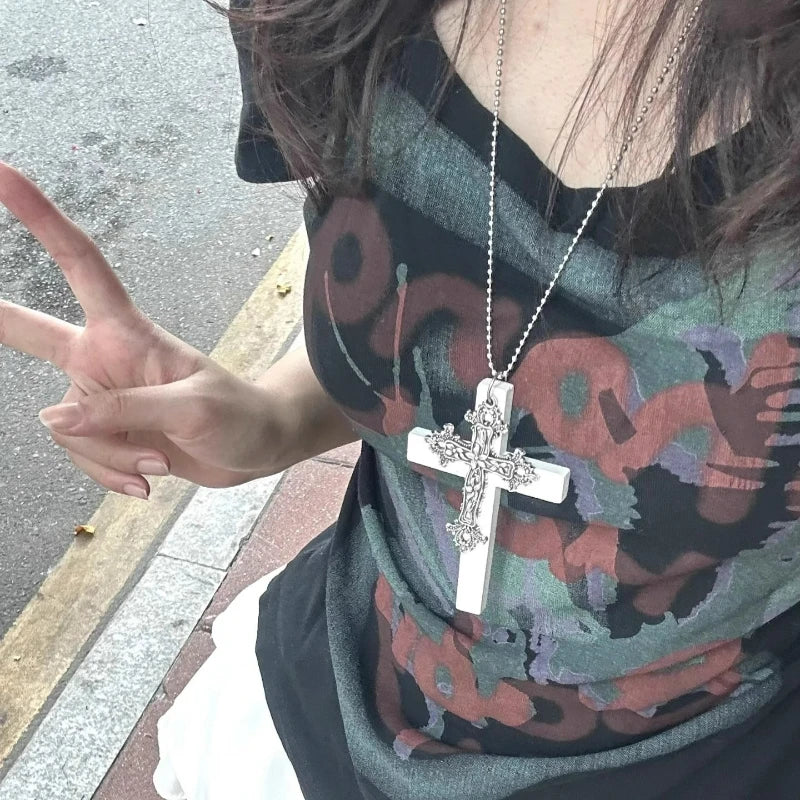 Gothic Punk Large Wood Cross Pendant Necklace