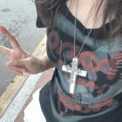 Gothic Punk Large Wood Cross Pendant Necklace