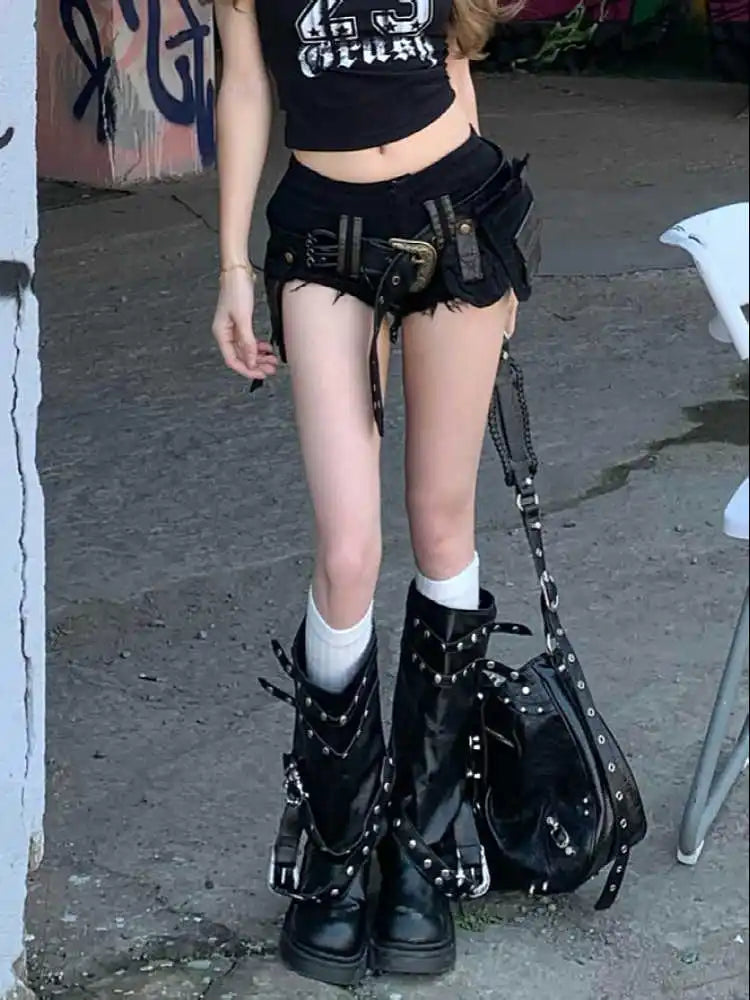 Low Rise Denim Shorts With Belt - PWM