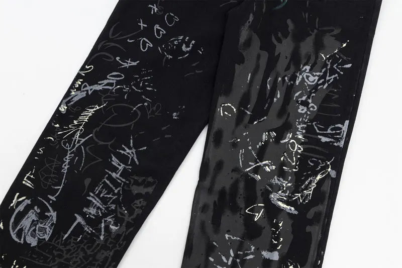 Graffiti Print Straight Loose Denim