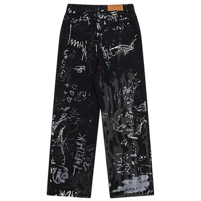 Graffiti Print Straight Loose Denim