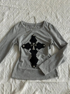 Cross Patchwork Rivet Long Sleeve Tops - PWM
