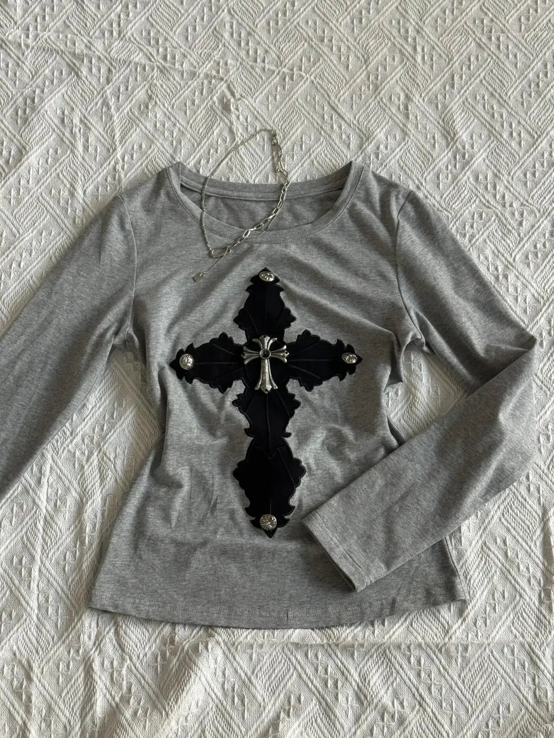 Cross Patchwork Rivet Long Sleeve Tops - PWM