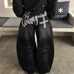 Black Embroidery Washed Baggy Jeans - PWM