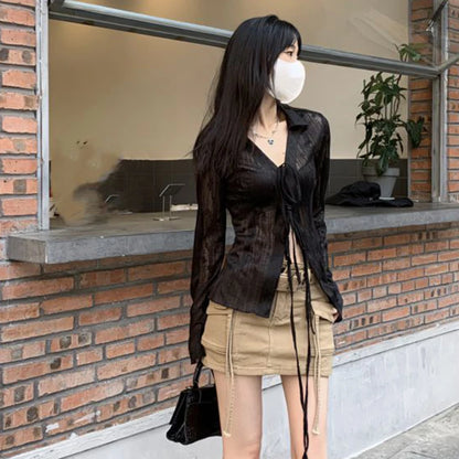 Lace Up Long Sleeve Blouse