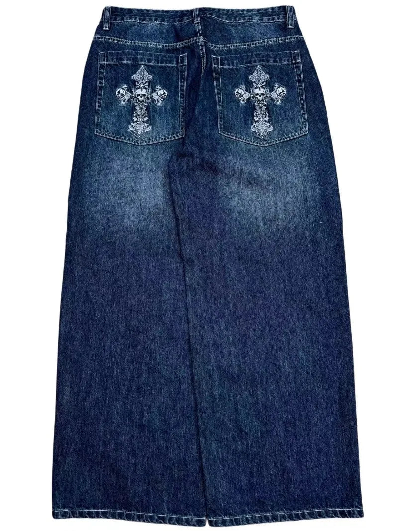 Cross Embroidery Baggy Jeans