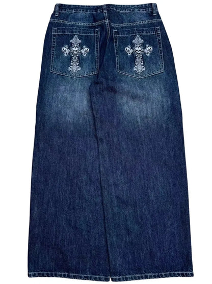 Cross Embroidery Baggy Jeans