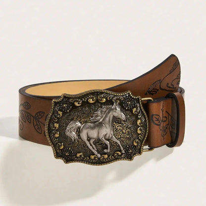 Neutral horse head buckle peony pattern belt