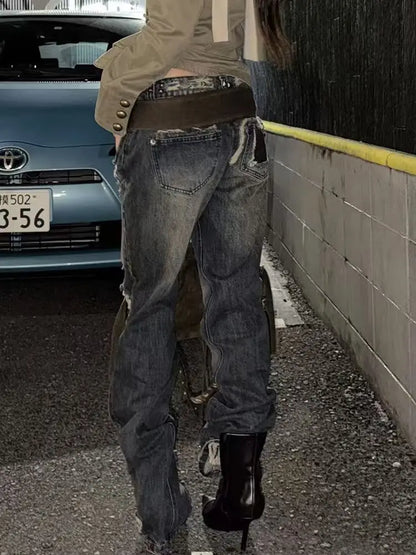 Spicy girl rivet splicing jeans