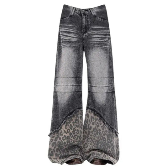 Patchwork Leopard Wide Leg Washed Jeans