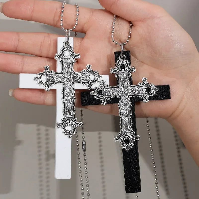 Gothic Punk Large Wood Cross Pendant Necklace