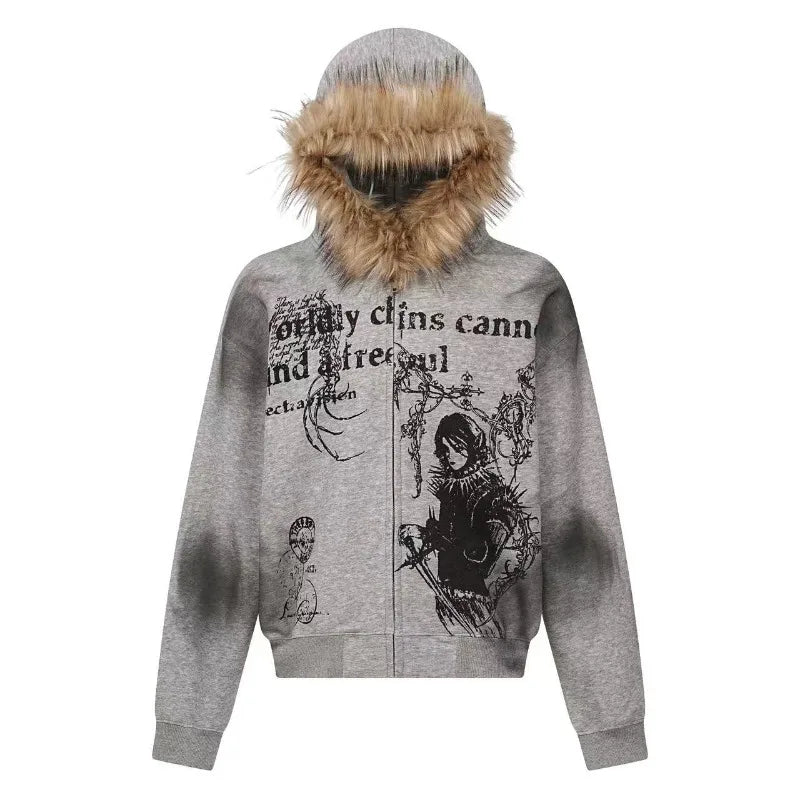 Fur Collar Graphic Hooded Jacket