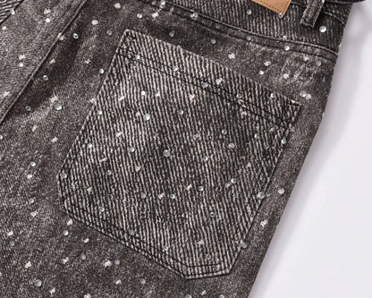 Diamond Print Rhinestone Belt Straight Jeans