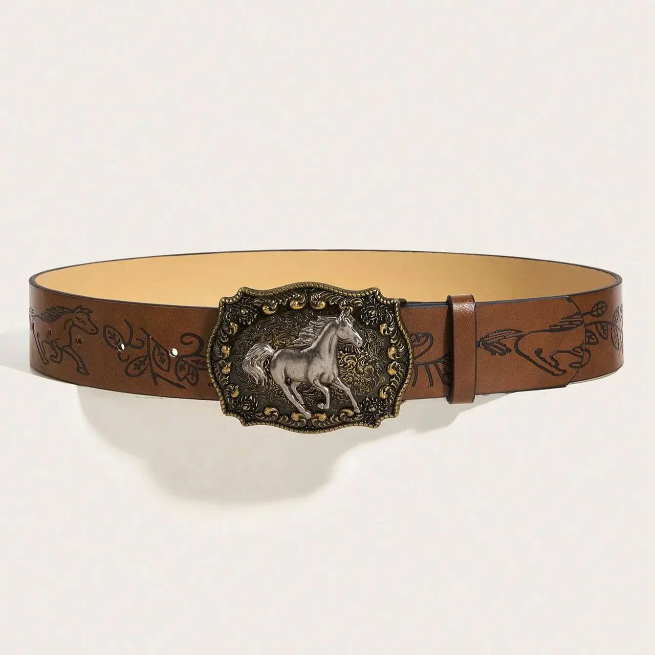 Neutral horse head buckle peony pattern belt