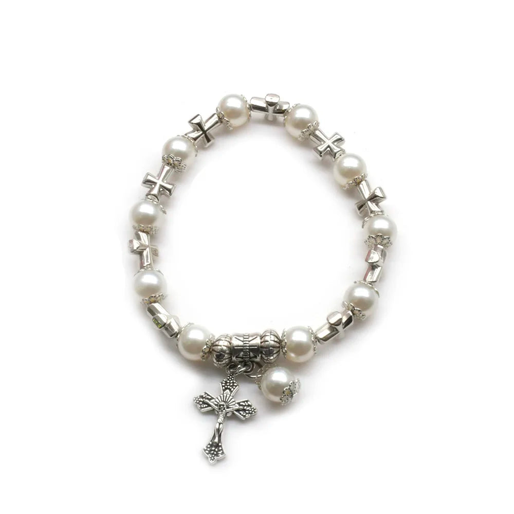 White Glass Pearl Cross Elastic Rosary Bracelets