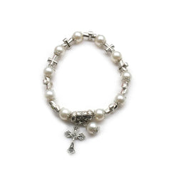 White Glass Pearl Cross Elastic Rosary Bracelets - PWM