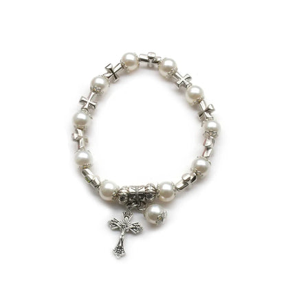 White Glass Pearl Cross Elastic Rosary Bracelets