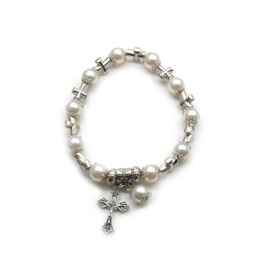 White Glass Pearl Cross Elastic Rosary Bracelets