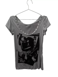 Letter Printing Rivet Slim-fit T-shirt - PWM