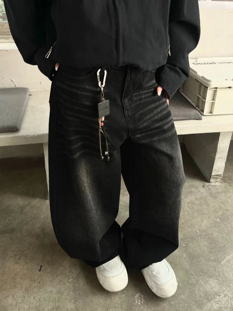 Black Embroidery Washed Baggy Jeans - PWM