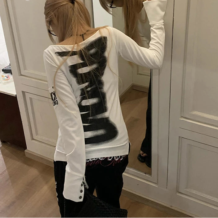 Slim-fit Slash neck Graphic Long Sleeve Tee Shirt