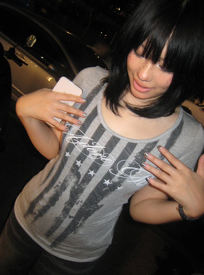 Striped Short-Sleeve Letter Print T-shirt