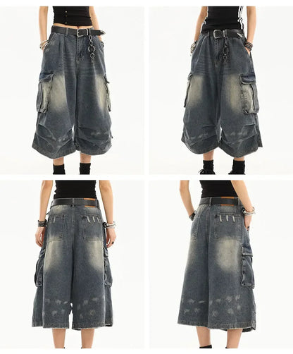 Washed Denim Cargo Shorts
