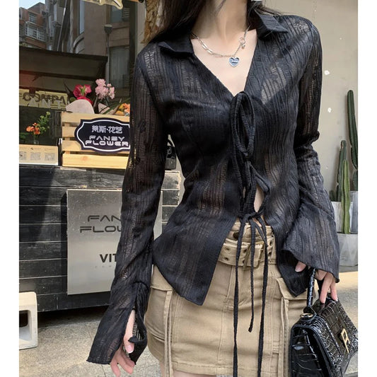Lace Up Long Sleeve Blouse