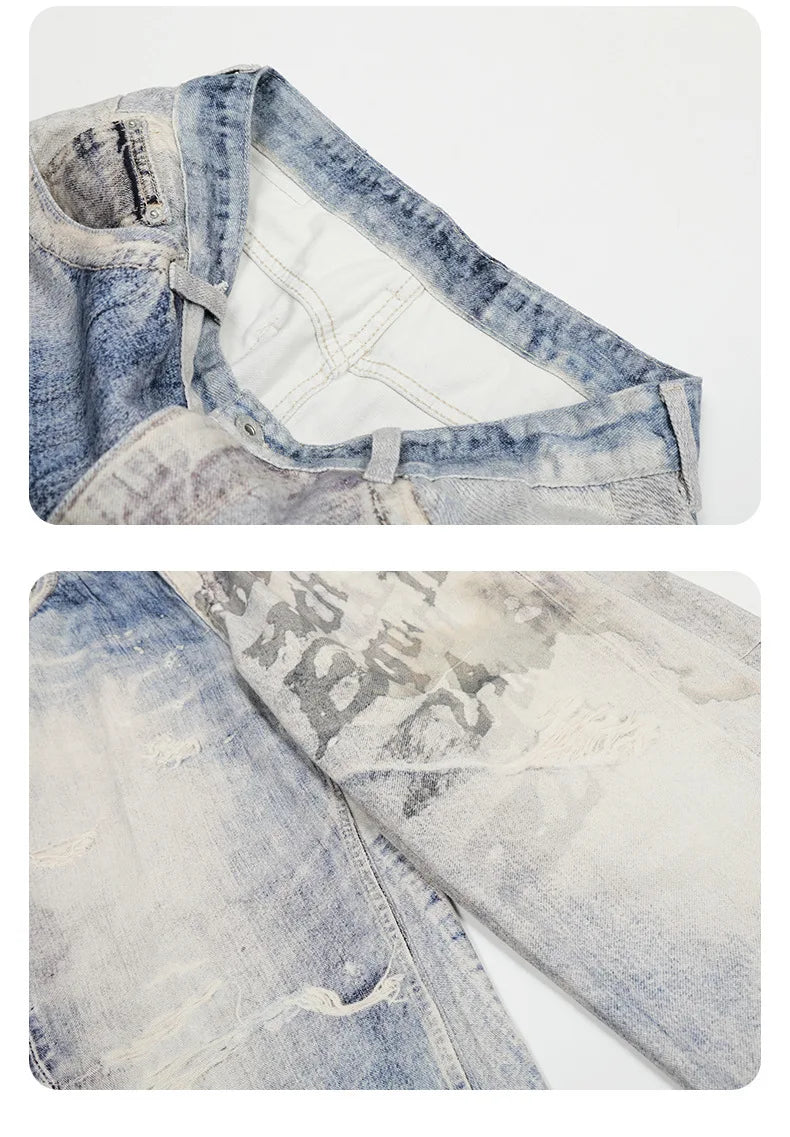 Graffiti Letter Gradient Color Washing Jeans