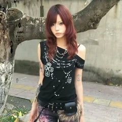 Off Shoulder Rhinestones Print T-shirt - PWM