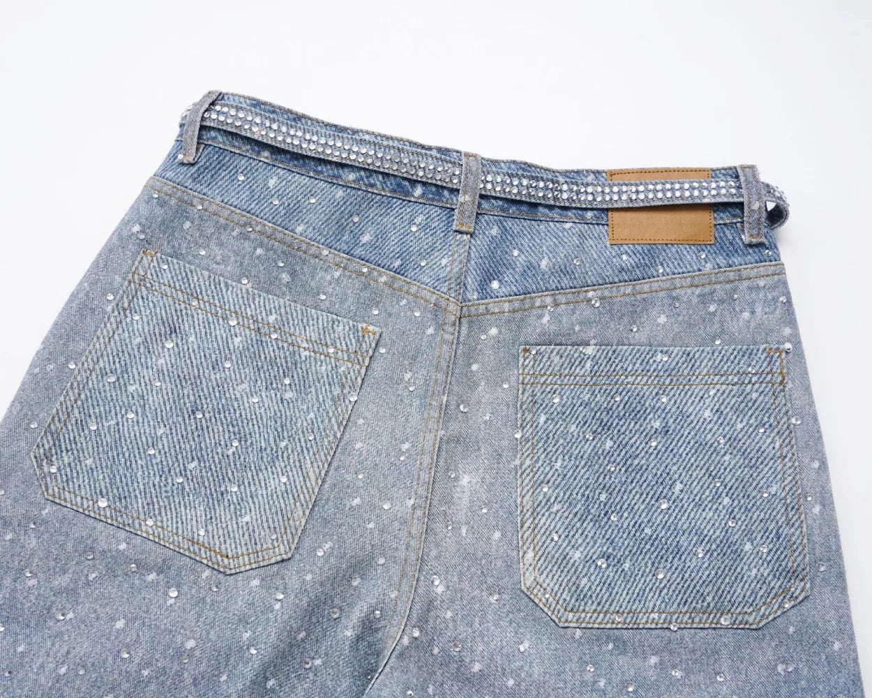 Diamond Print Rhinestone Belt Straight Jeans