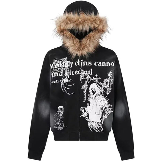 Fur Collar Graphic Hooded Jacket