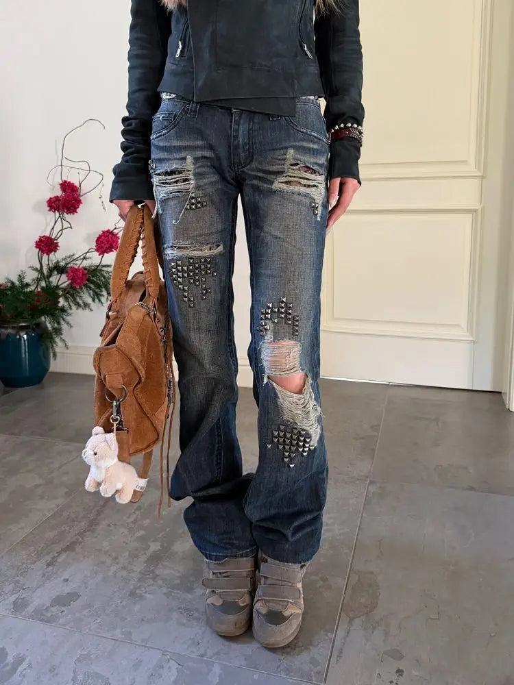 Spicy girl rivet splicing jeans