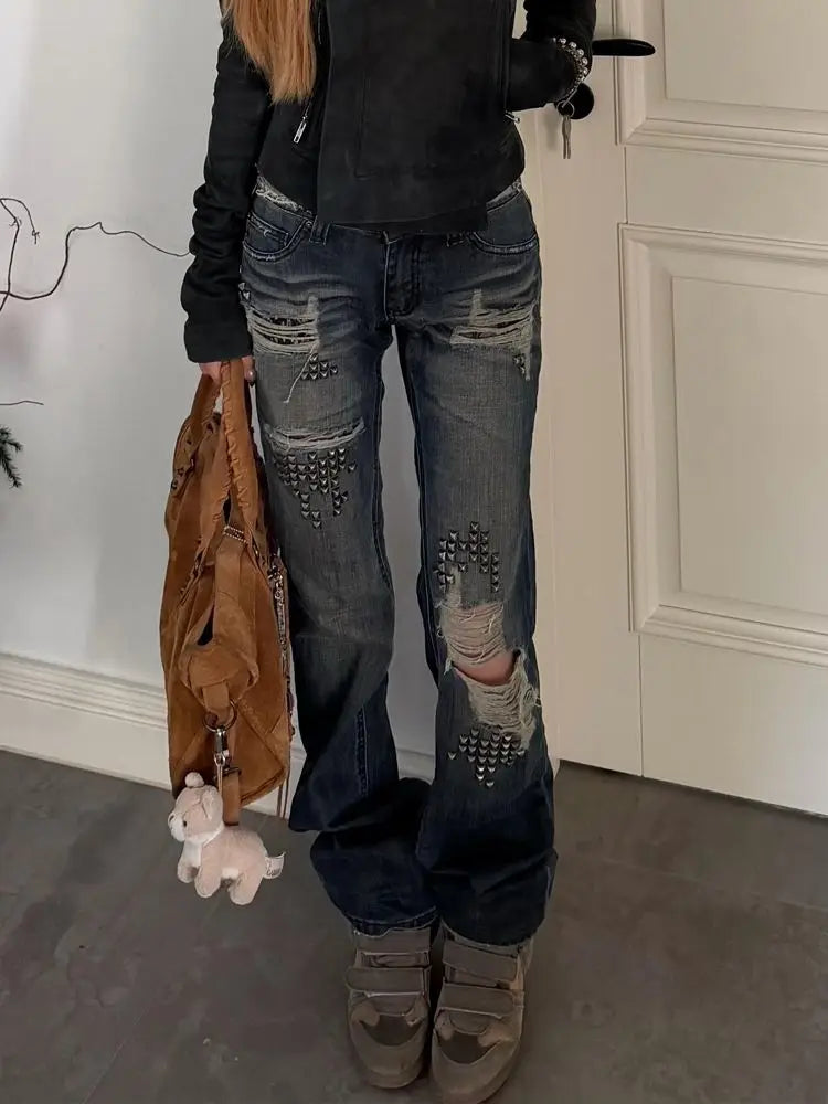 Spicy girl rivet splicing jeans