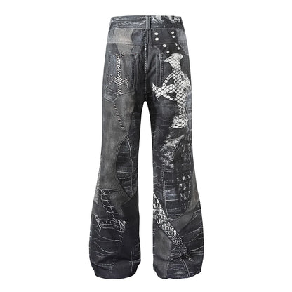 Gothic Pattern Washed Straight Loose Denim