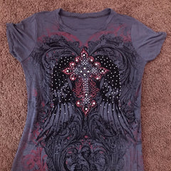 Rhinestone Gothic Print Short Sleeve Tops - PWM