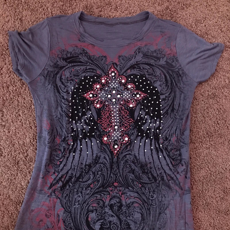 Rhinestone Gothic Print Short Sleeve Tops - PWM