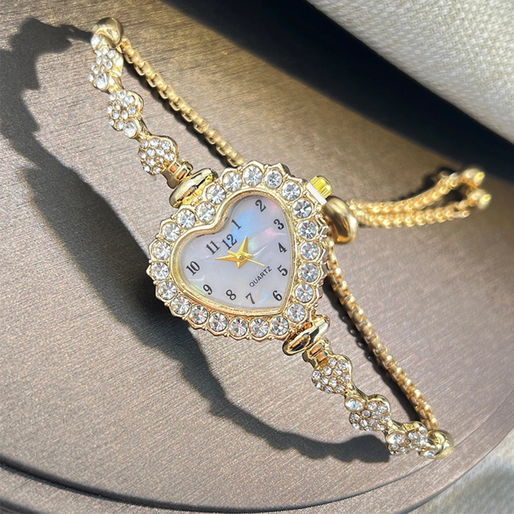 Heart Diamond-Studded Flower Watch Blacelet - PWM