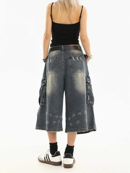 Washed Denim Cargo Shorts