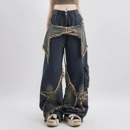 Fringe Dragging Patch Wide Jeans