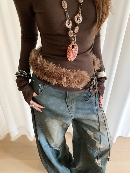 Plush Brown Belt With Ethnic Beaded Waist Rope