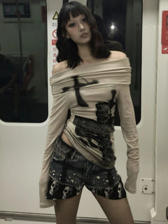 Fur Patchwork Slash Neck Tops - PWM