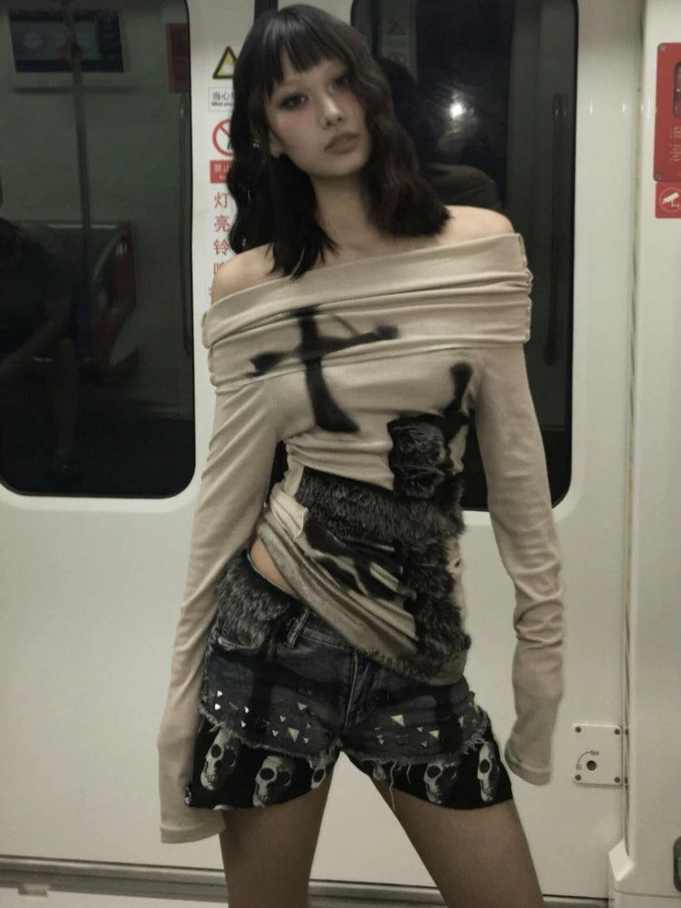 Fur Patchwork Slash Neck Tops - PWM